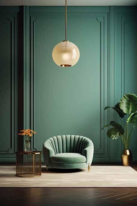 Deep green accent wall with gold pendant light in a Signum Niva luxury apartment interior