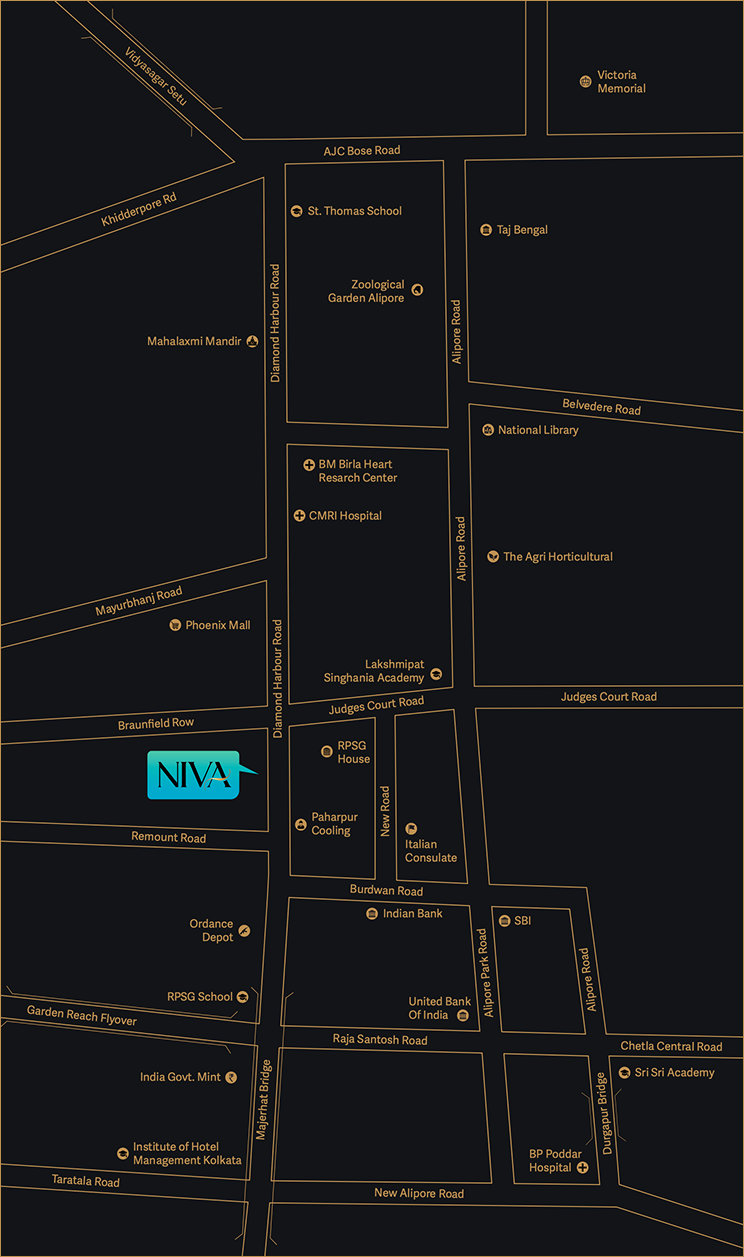 Map of landmarks around Signum Niva on Diamond Harbour Road, Alipore, South Kolkata, including Zoological Garden Alipore, National Library, Taj Bengal, Phoenix Mall and nearby schools and hospitals